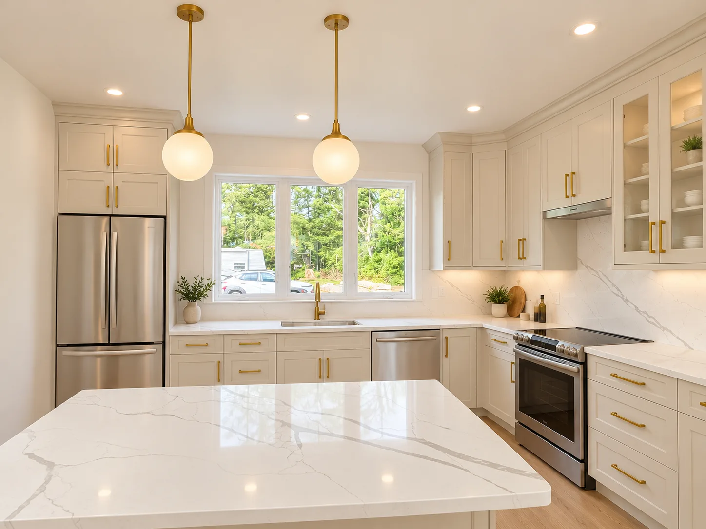 Warm cream kitchen cabinetry with brass pendant lights