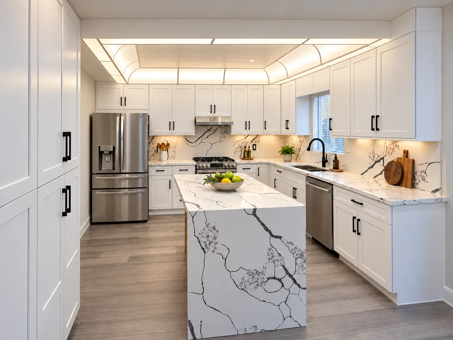 Bright kitchen with white cabinets and a quartz waterfall island